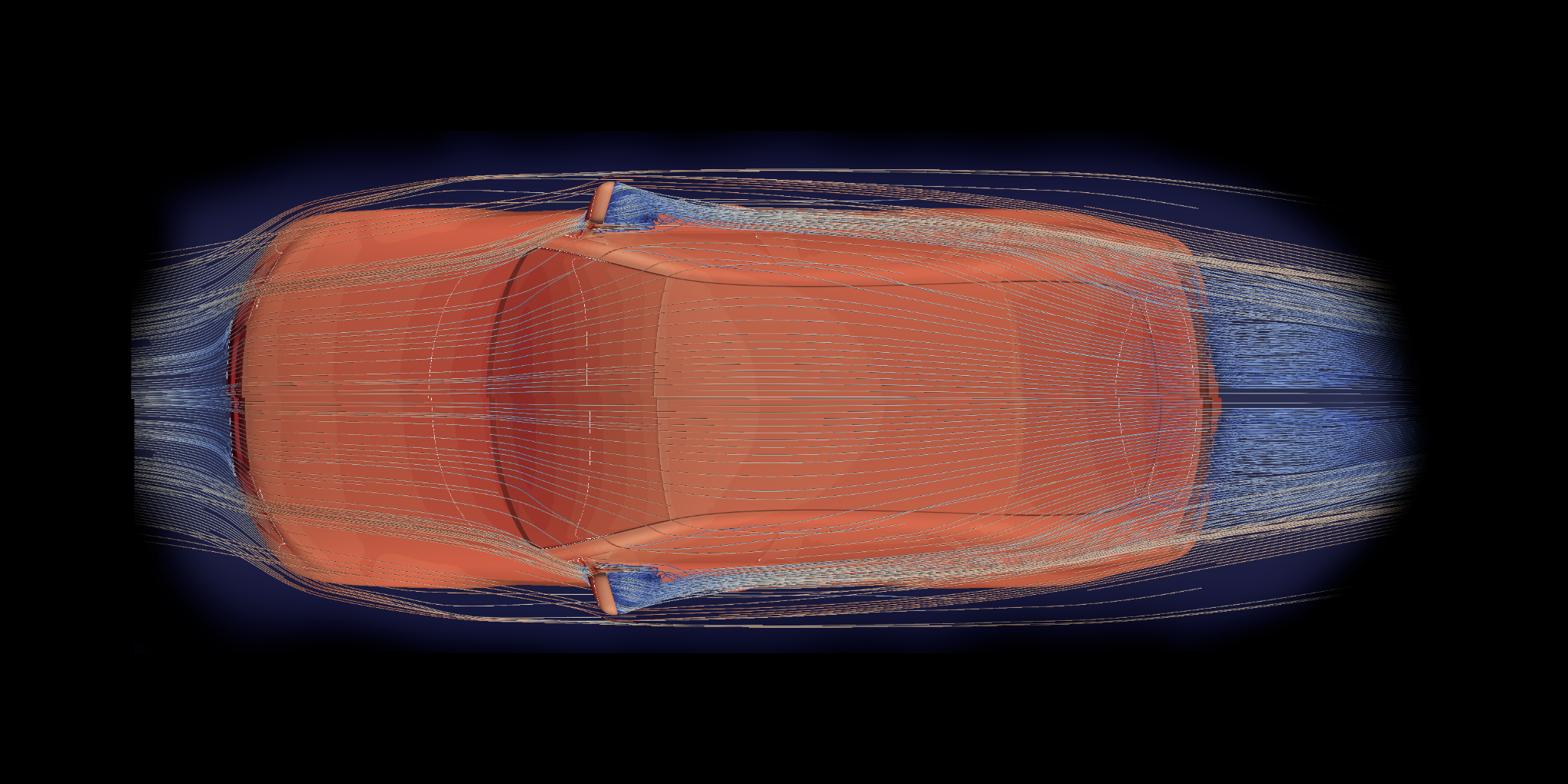 Top-view CFD streamlines flowing over and around the DrivAer car