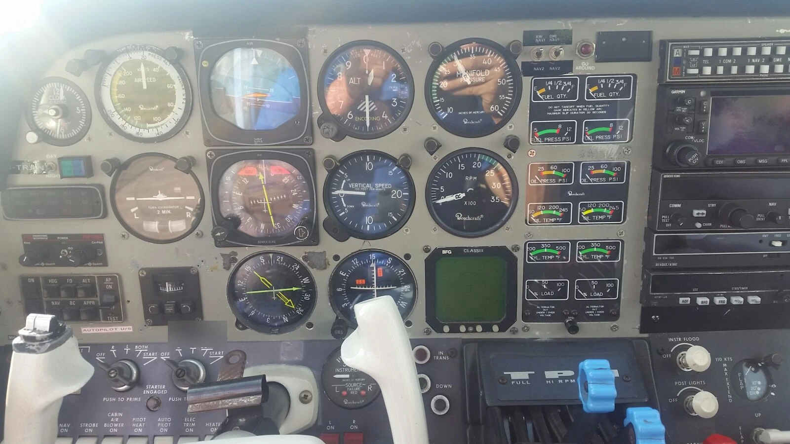 Beechcraft Duchess aircraft cockpit instrument panel, full front view