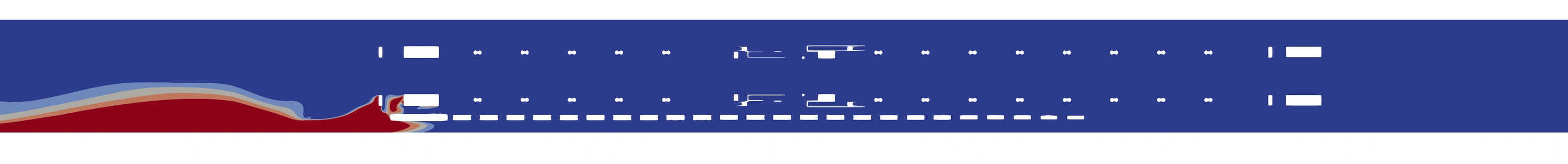 Original CFD result: normalized nitrogen dioxide in the final edge-locomotive case, showing a localized near-source red region and mostly blue station interior.