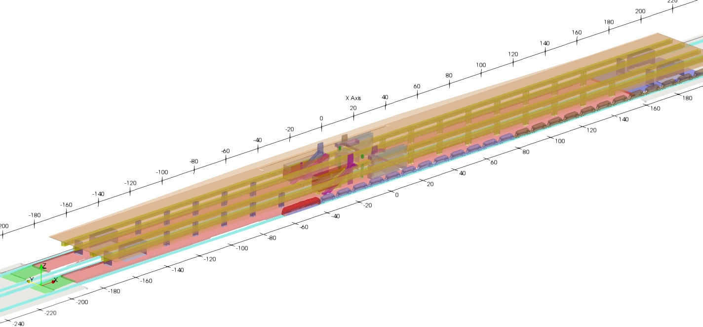 Isometric CFD geometry of underground station with trains, ducts and structural parts.