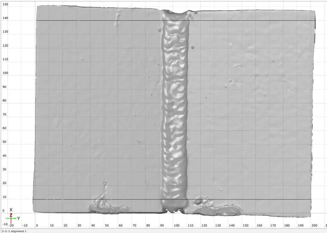 Top view of the 3D scan of two welded steel plates with an uneven weld seam running down the middle
