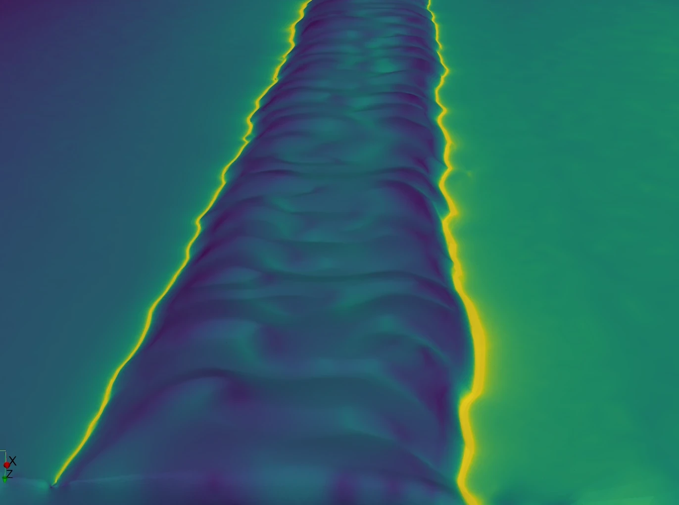 Close-up of the scanned weld seam surface in the finite element model, rendered in a blue-green colour map